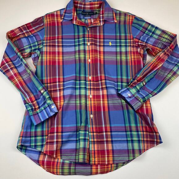 Ralph Lauren Plaid Button Up Custom Fit Colorful Yellow Pony Mens Large - Picture 2 of 8